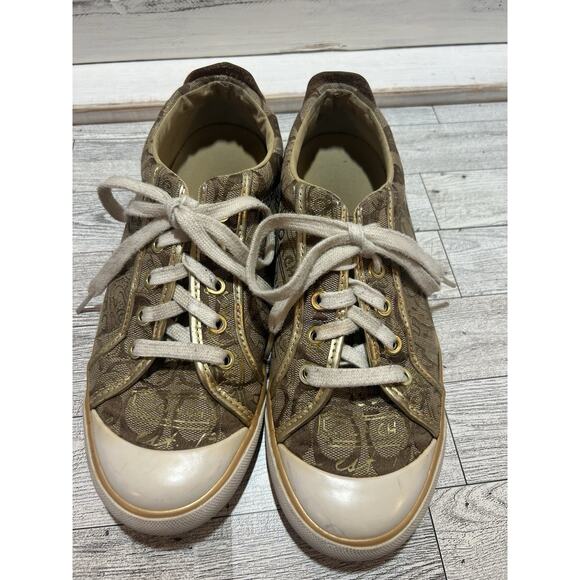 Coach Shoes - Coach Barrett Signature Canvas Logo Sneakers in Beige and Gold – Size 8B